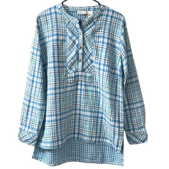 The Vermont Country Store Blue Plaid Gingham Popover Top - Picture 1 of 9